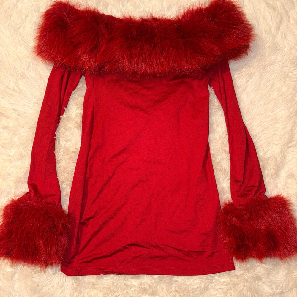 Red Off-Shoulder Dress with Faux Fur Trim